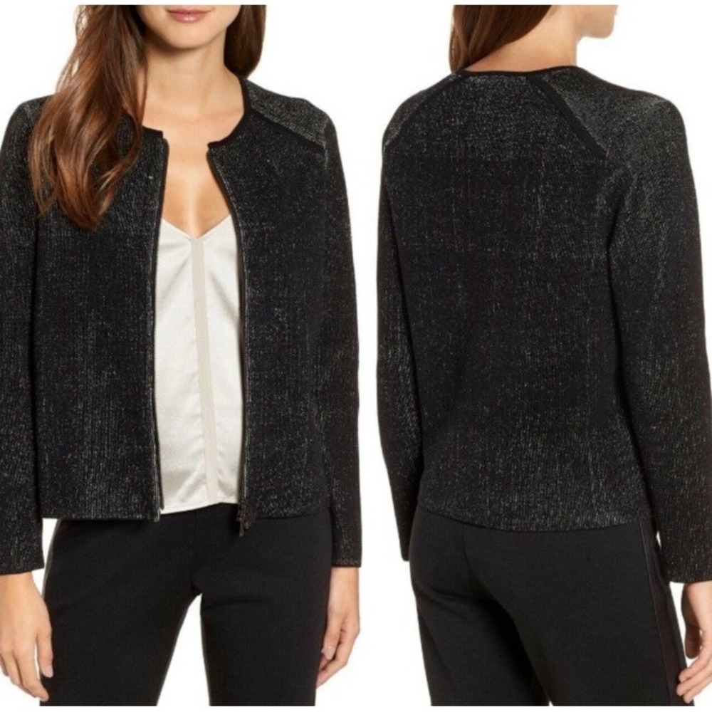 Eileen Fisher Silk Blend Full Zip Black White Ribbed‎ Knit Jacket XS Minimalist